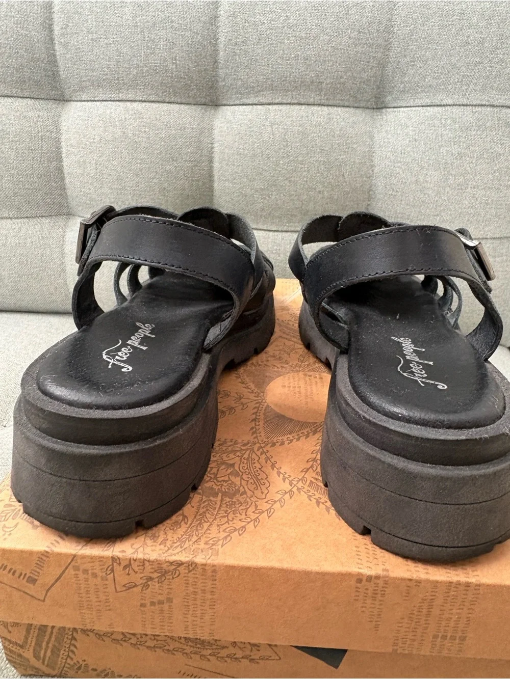 NWOT Free People Black Delaney Fisherman Platform Sandals with box.